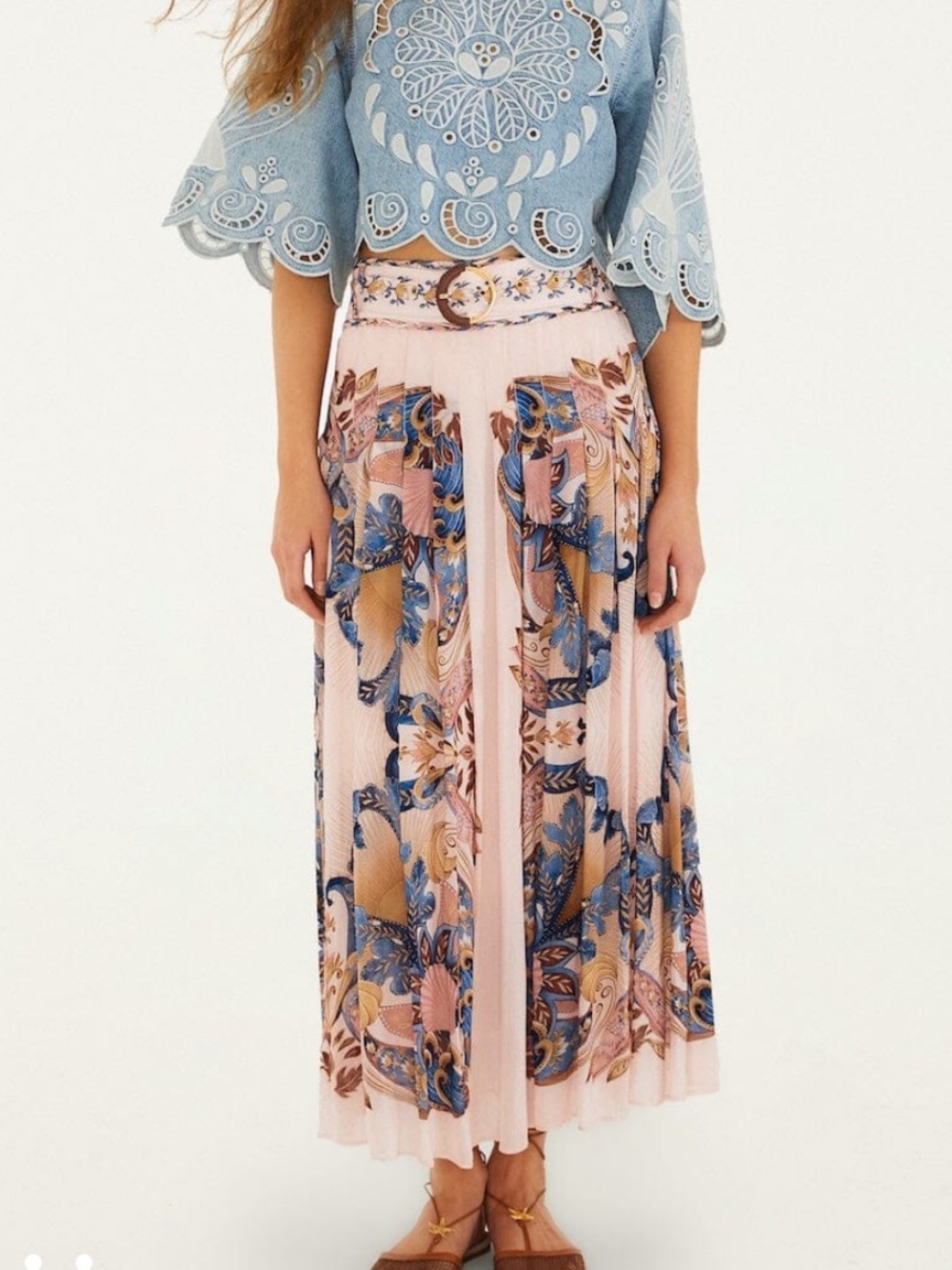 FARM Rio Soft Sea Pink Garden Scarf Pleated Maxi Skirt NWT - Picture 1 of 5